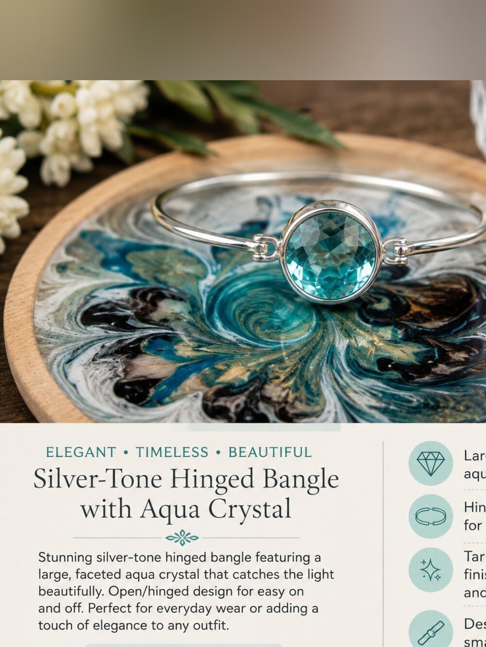 Silver-Tone Hinged Bangle with Aqua Crystal - Elegant Jewelry Accent